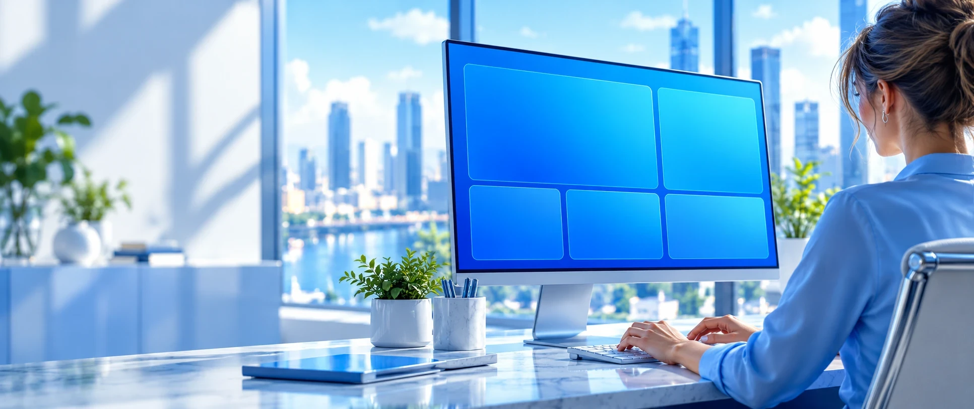 A person typing at a large monitor in a bright office above the city, with glass charts and numbers rising off the screen