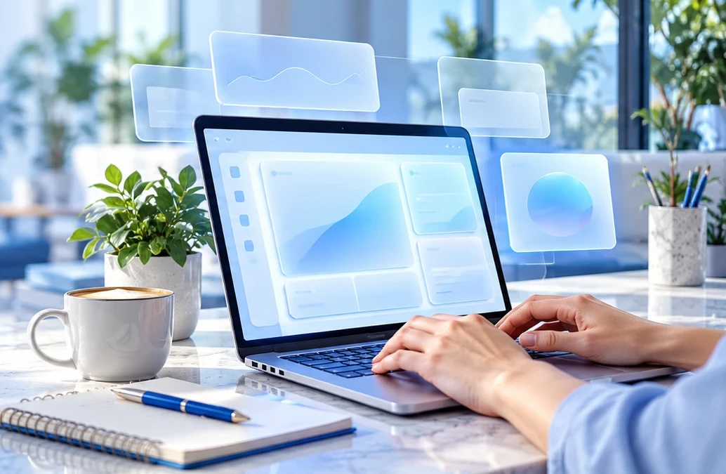 A person typing at a laptop on a bright counter with a notebook and coffee, a soft dashboard glowing above the screen