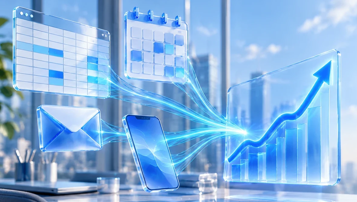 A spreadsheet, a calendar, an email and a phone sending streams of light into one rising chart
