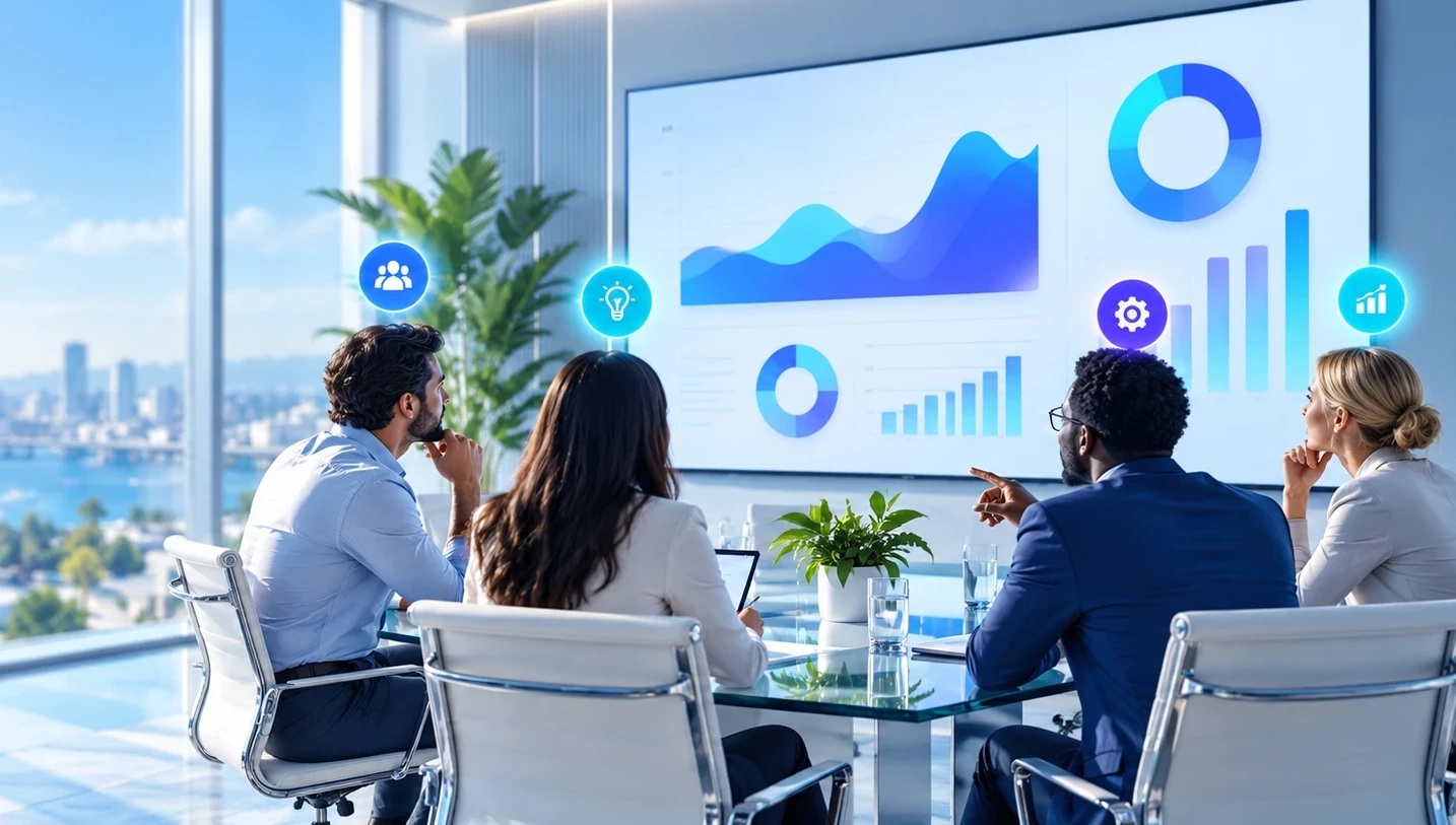 Four people in a bright meeting room looking at a large wall dashboard with a role badge above each of them