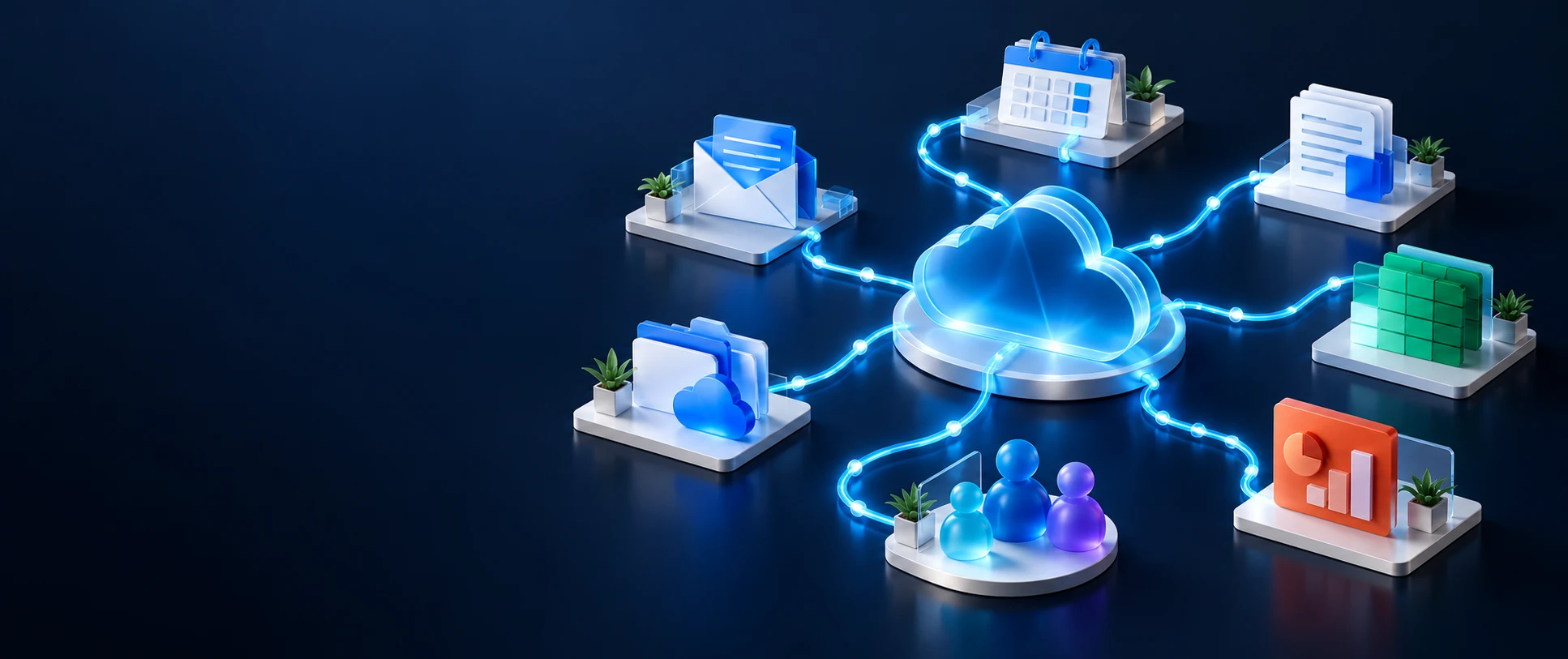 A glowing cloud at the center of six Microsoft 365 tools, email, calendar, documents, spreadsheets, files and people, joined by lines of light