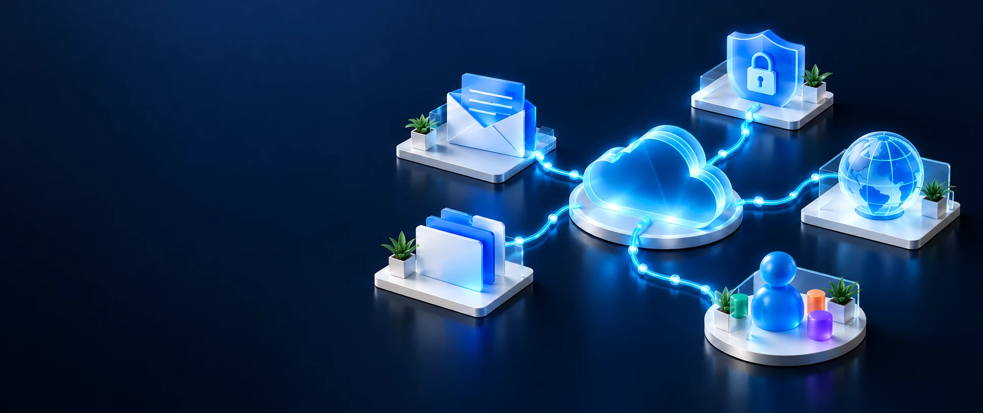 A glowing cloud joined by lines of light to an envelope, a folder, a padlock shield, a globe and a person