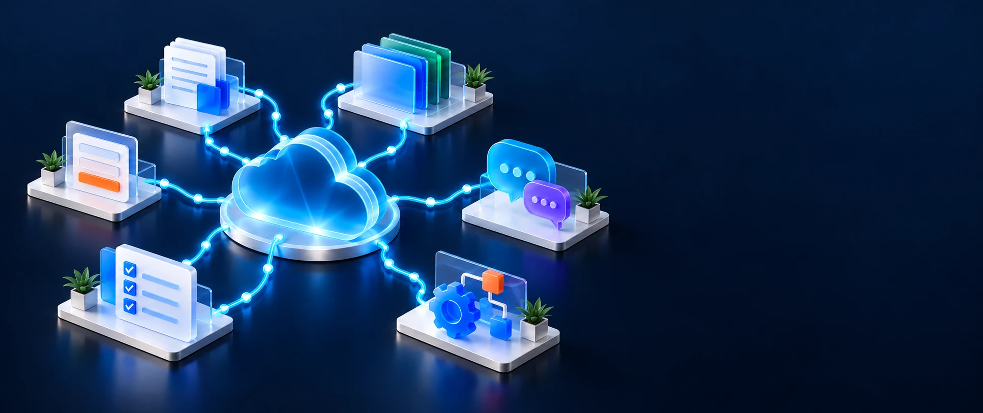 A glowing cloud at the center of five platforms, documents, a file library, a form, chat bubbles and a checklist with a flow gear, joined by lines of light