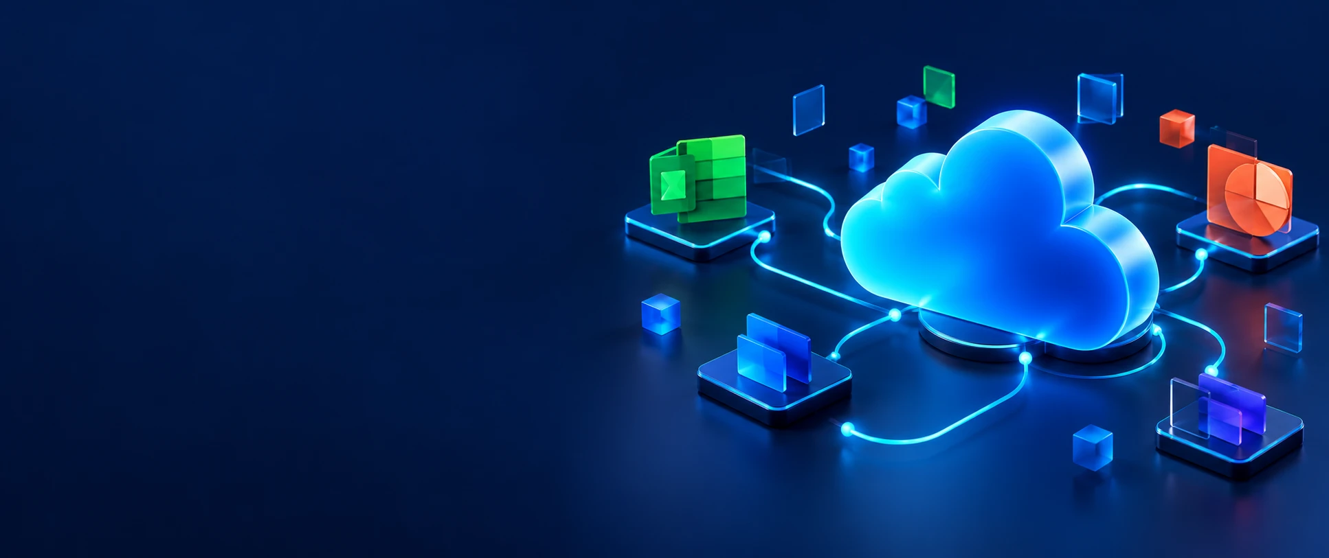 A glowing cloud joined by lines of light to a spreadsheet, a folder and a presentation, with small glass cubes floating around it