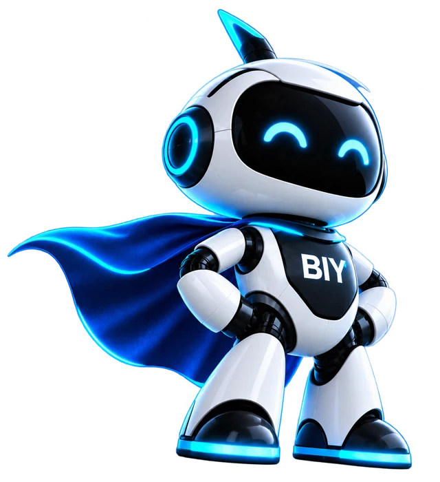 Beacon, the BIY Digital Solution mascot, with BIY lettering on his chest