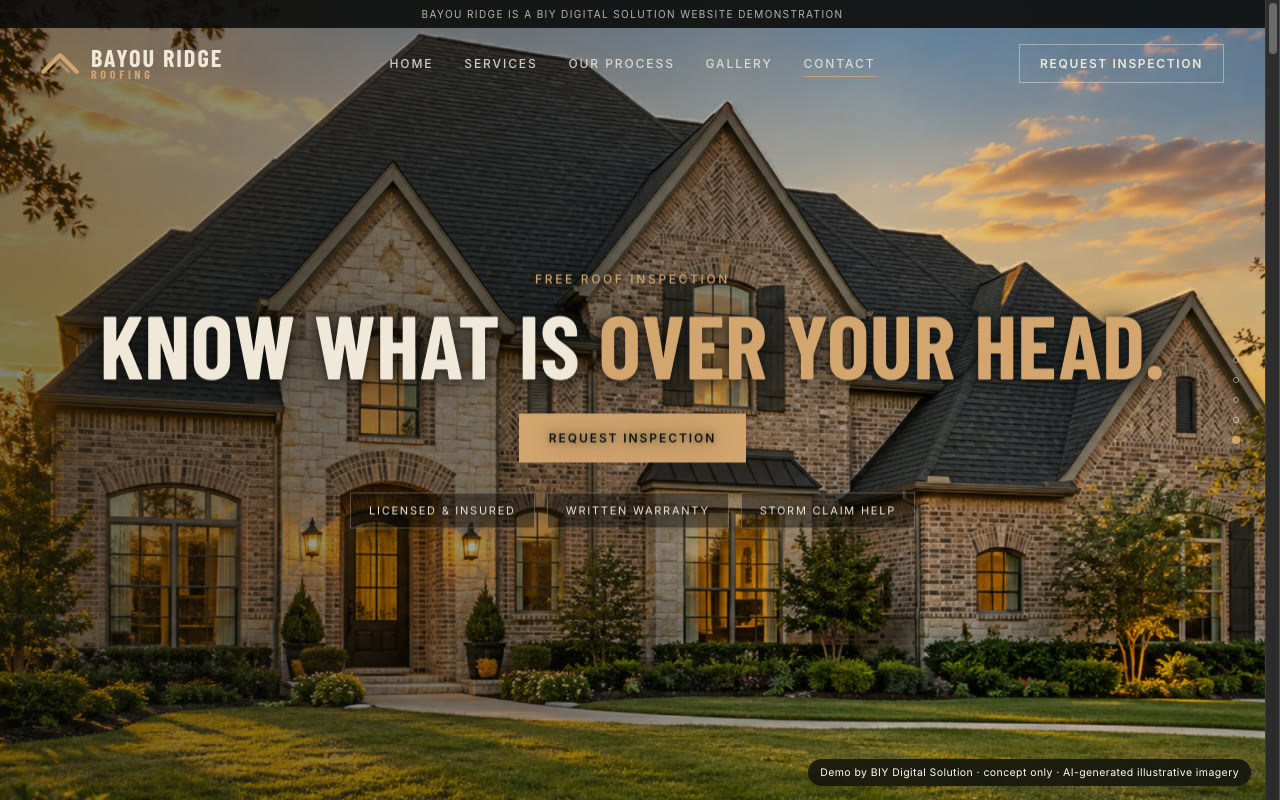 Bayou Ridge Roofing website, a Houston roofing company with a storm to shield scroll story
